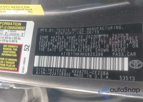 2019 Toyota Camry Se из США, поврежденный, VIN 4T1B11HKXKU820398